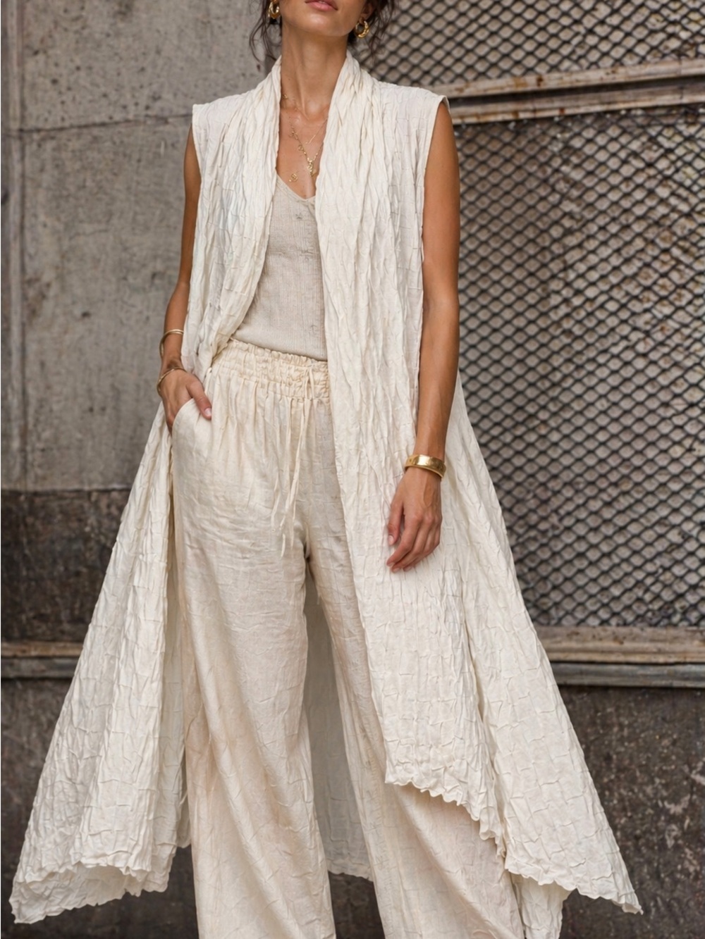 Lafayette 148 Cream Textured Long Vest Duster Sleeveless Open Front Size M